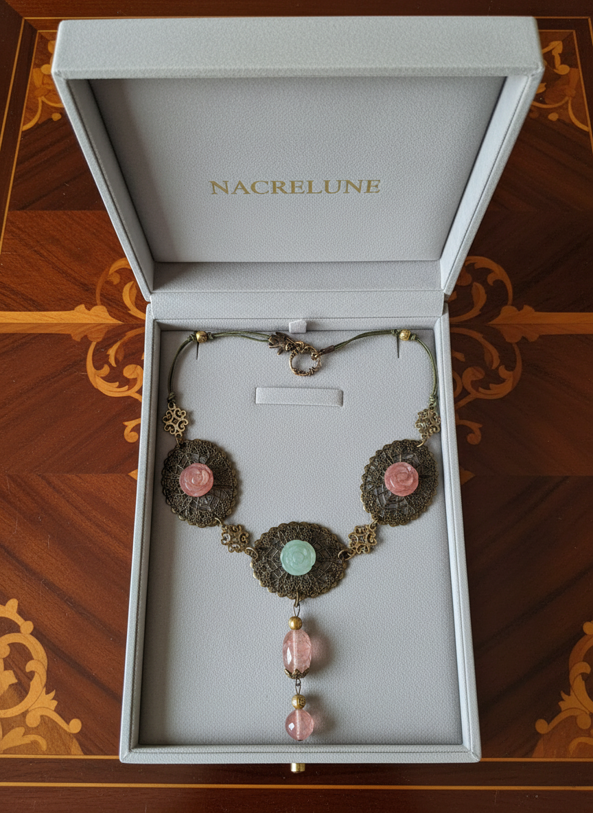 Collier en métal avec fleurs en aventurine sculptées et quartz rouges nacrelune.com collier