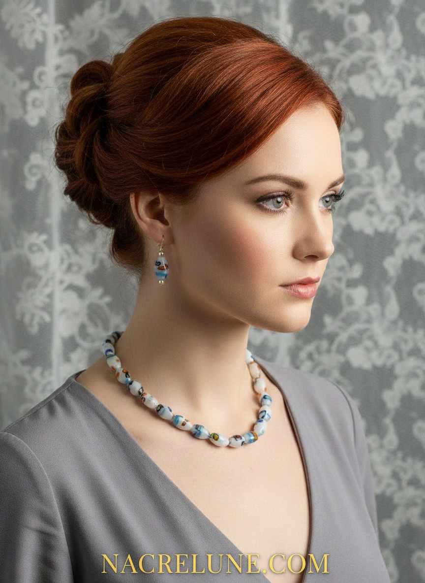 Parure en perles de verre blanc décorées multicolore nacrelune.com