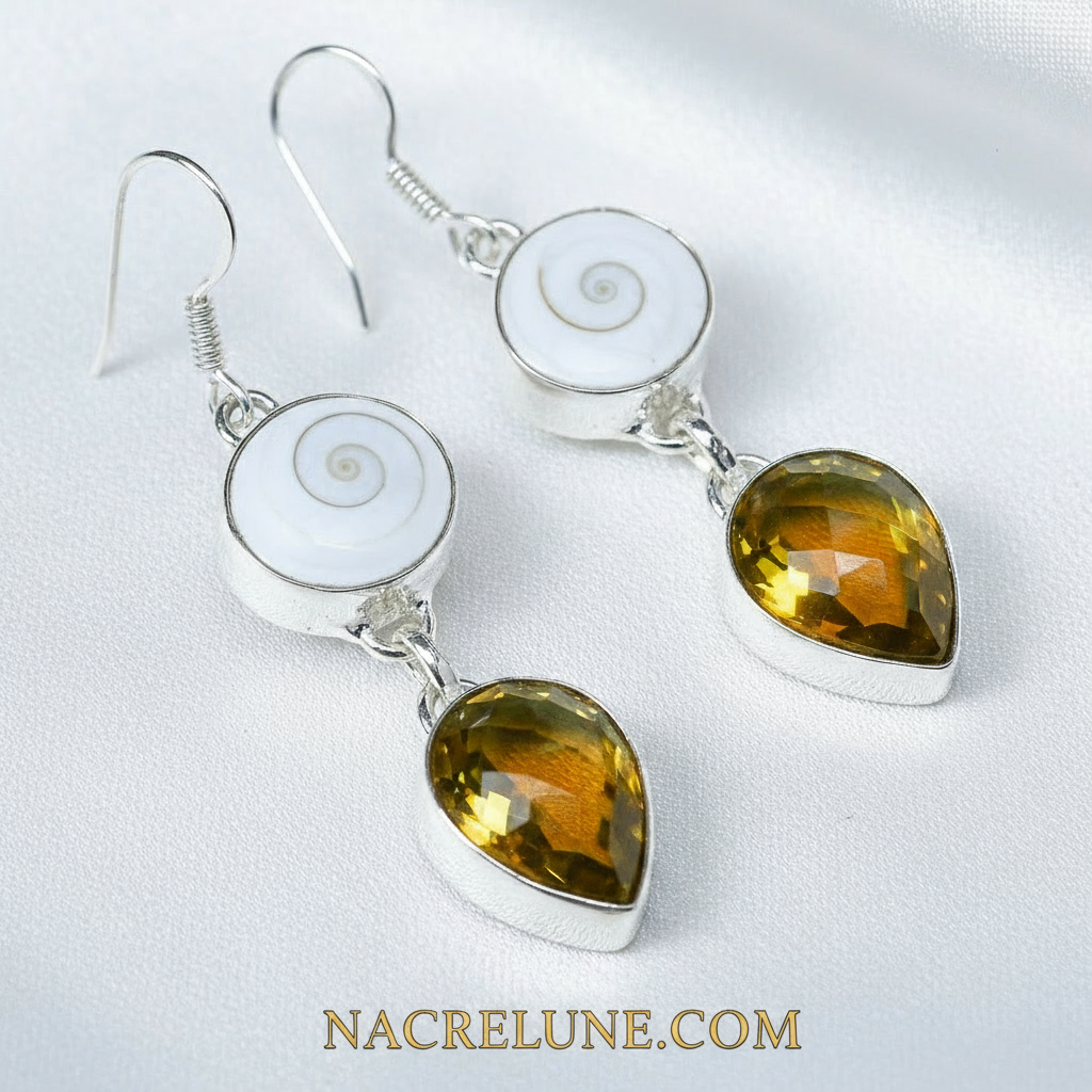 Boucles d'oreille en argent avec oeil de shiva et topaze mystique vert-jaune NACRELUNE boucles d'oreille