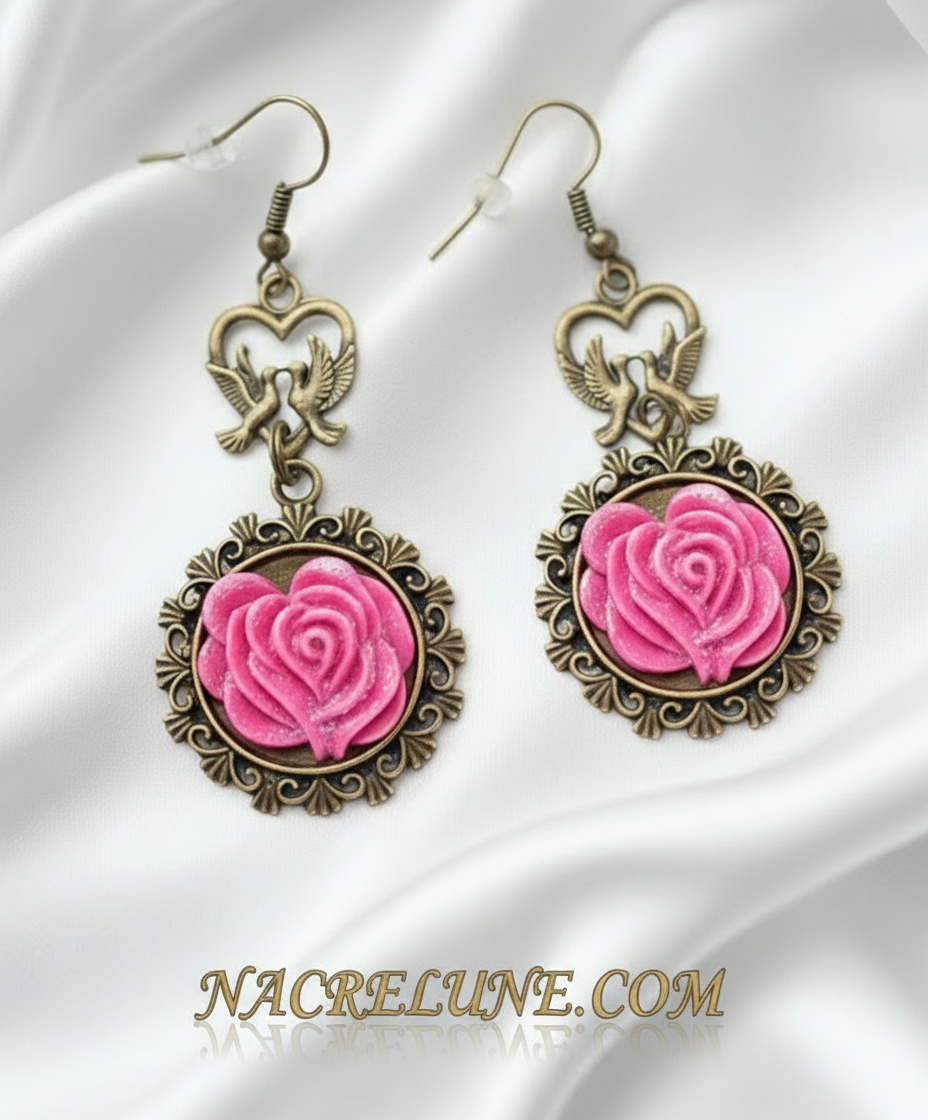 Boucles d’oreille romantiques avec fleurs roses nacrelune.com boucles d'oreille