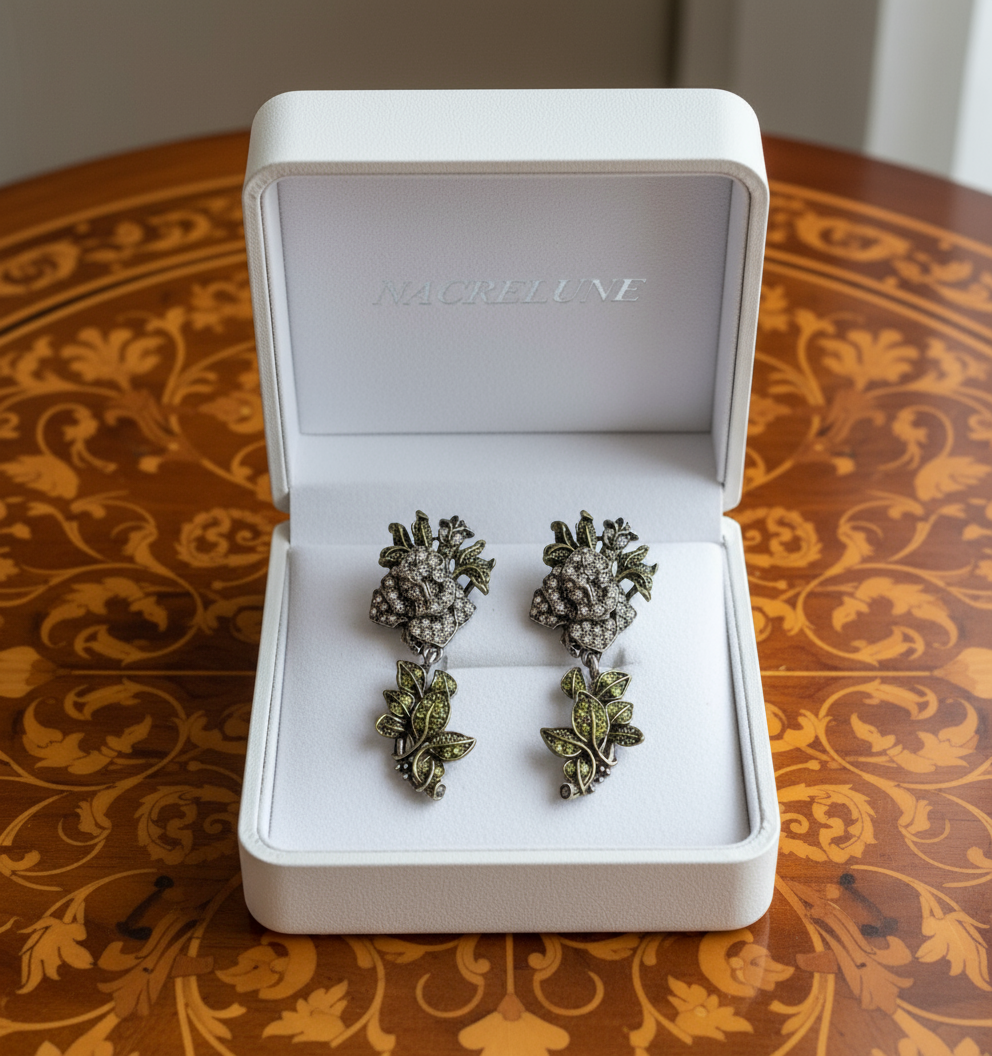 Grandes boucles d'oreille en strass en forme de roses blanches nacrelune.com boucles d'oreille