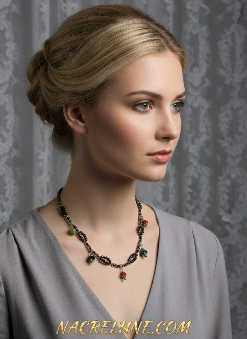 Collier en petites perles de culture noire avec des fleurs en verre multicolores nacrelune.com collier
