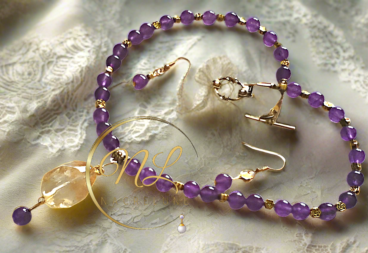 Parure en perles d'améthystes véritable et grande citrine facettée
