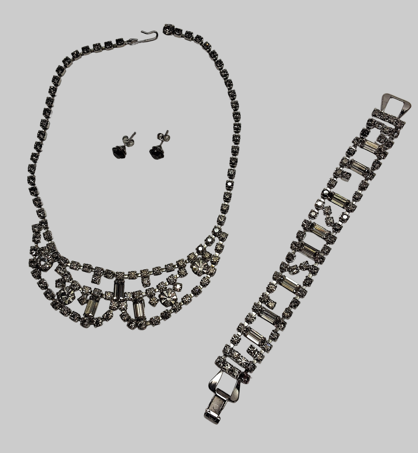 👑Parure vintage complète en strass gris NACRELUNE parure