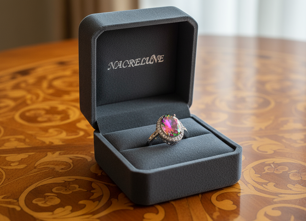 Bague en argent avec topaze mystique entourée de zirconias 58 nacrelune.com Bague