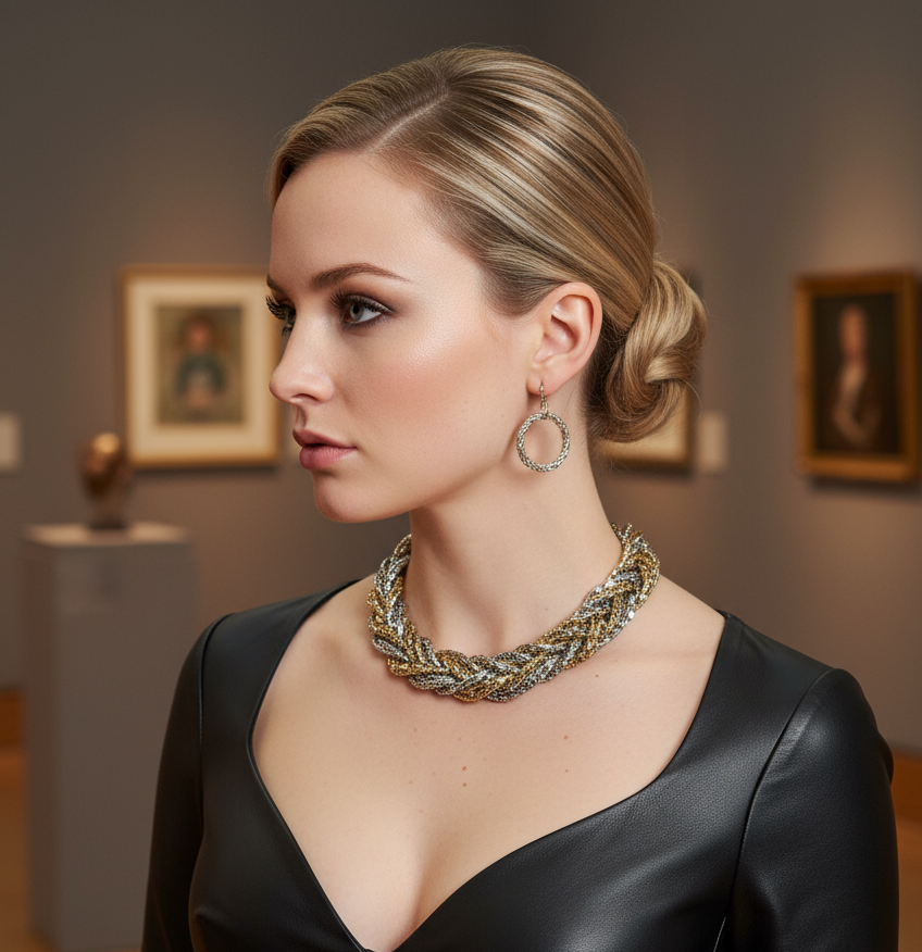 Parure fantaisie faite de chaînes multiples or et argent NACRELUNE parure