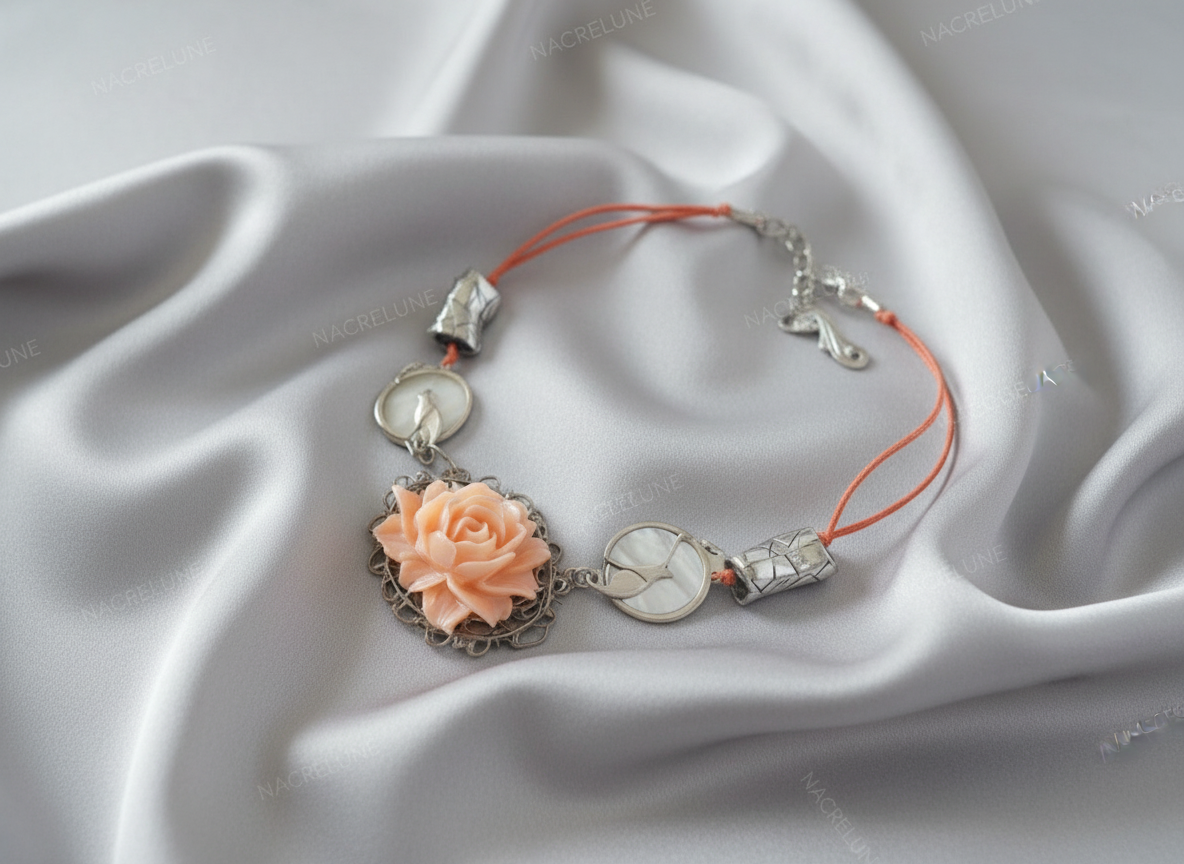 collier avec chats et grande rose imitation corail NACRELUNE collier