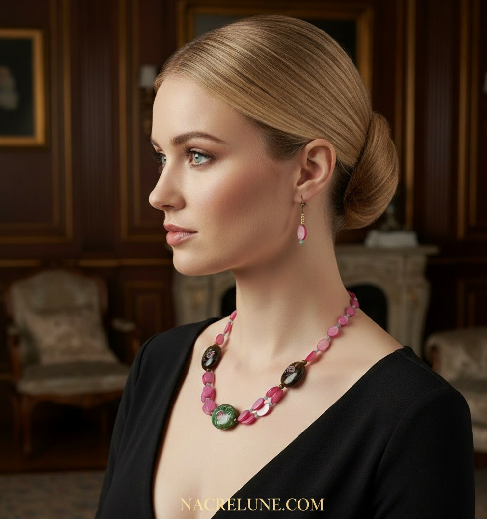 Parure en perles de nacre et grandes perles de verre nacrelune.com parure