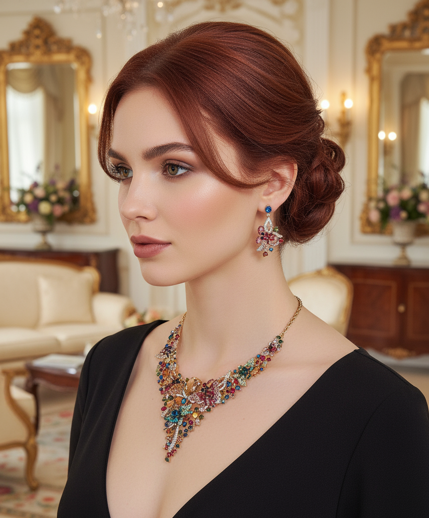 Parure en strass multicolores, fleurs et papillons nacrelune.com parure