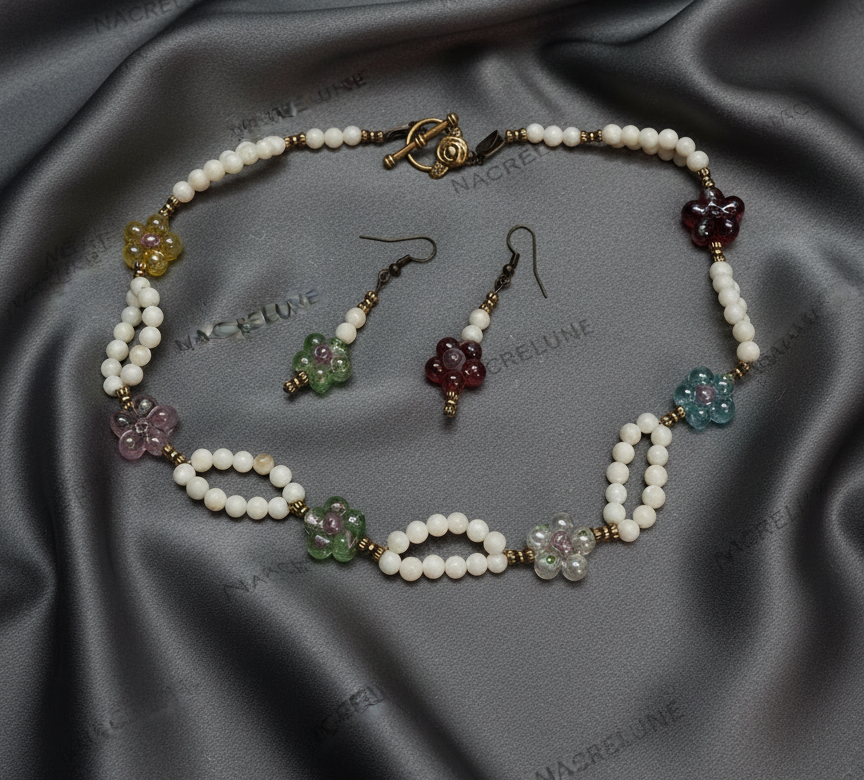 Parure en perles de nacre avec fleurs de verre NACRELUNE parure