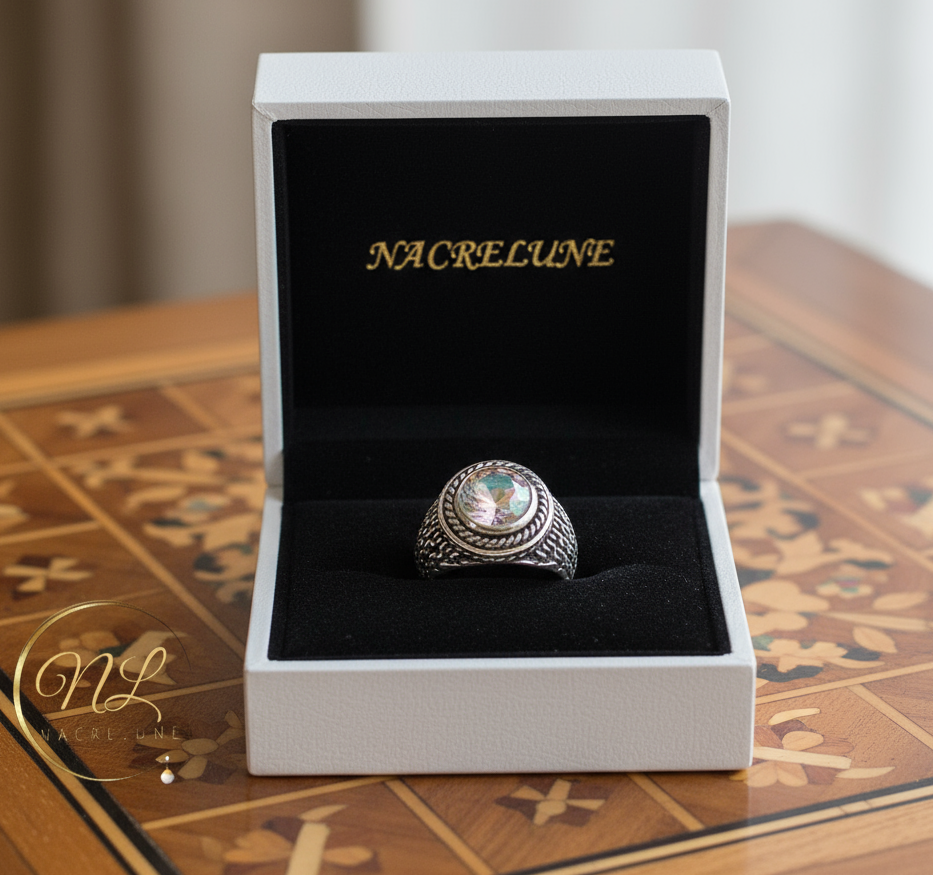 Bague en argent 925 avec topaze traitée mystique multicolore nacrelune.com Bague