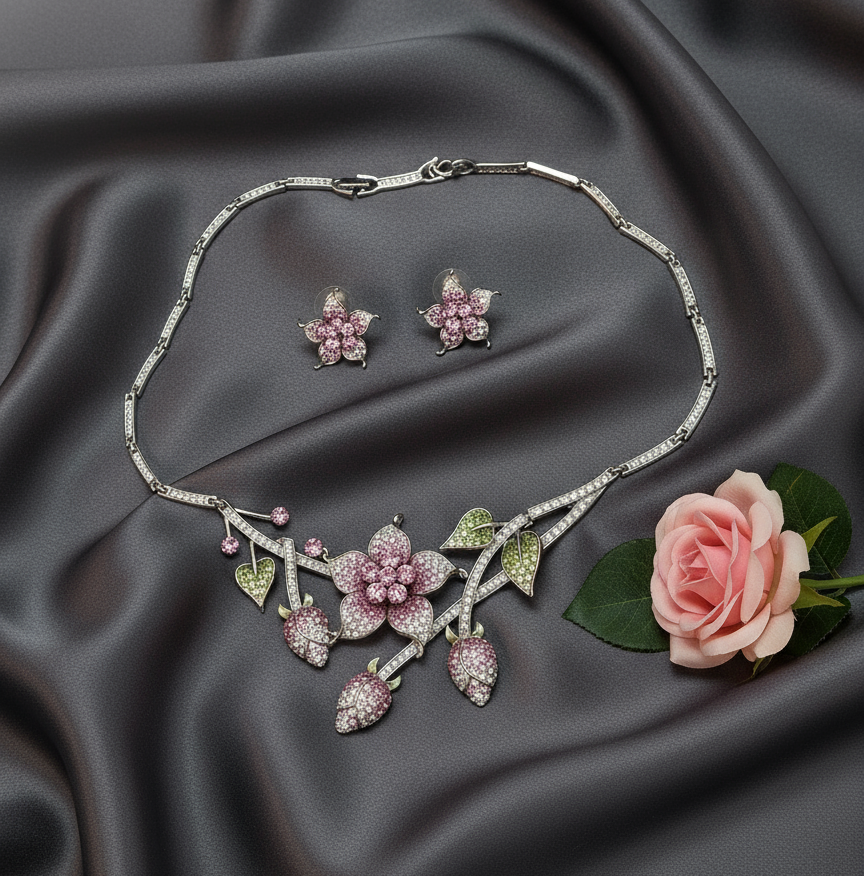 Parure en strass rose en forme de fleurs nacrelune.com parure