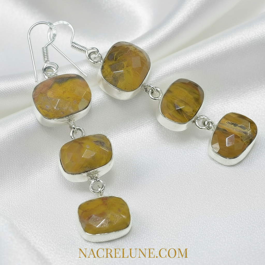 Boucles d'oreille en argent avec oeil du tigre taillé nacrelune.com boucles d'oreille