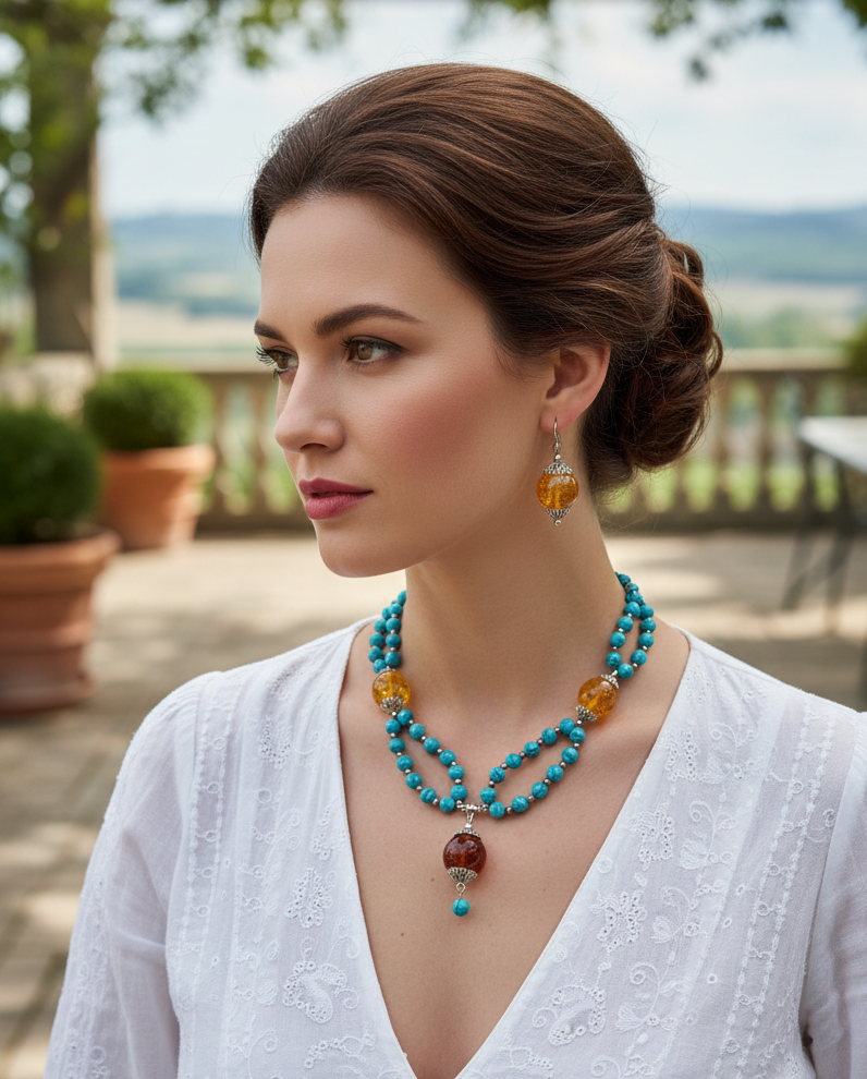 Parure en perles turquoise et d'ambre recontituées NACRELUNE parure