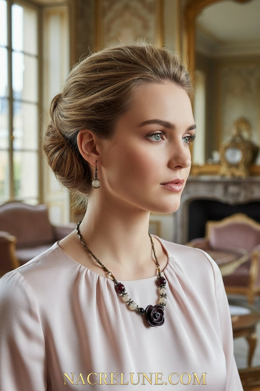 Parure en perles d'agates avec fleur en agate sculptée NACRELUNE parure