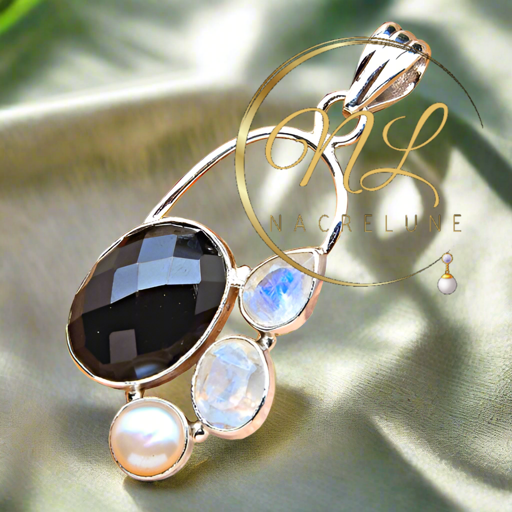 Pendentif en argent 925 avec onyx, perle et pierres de lune nacrelune.com pendentif