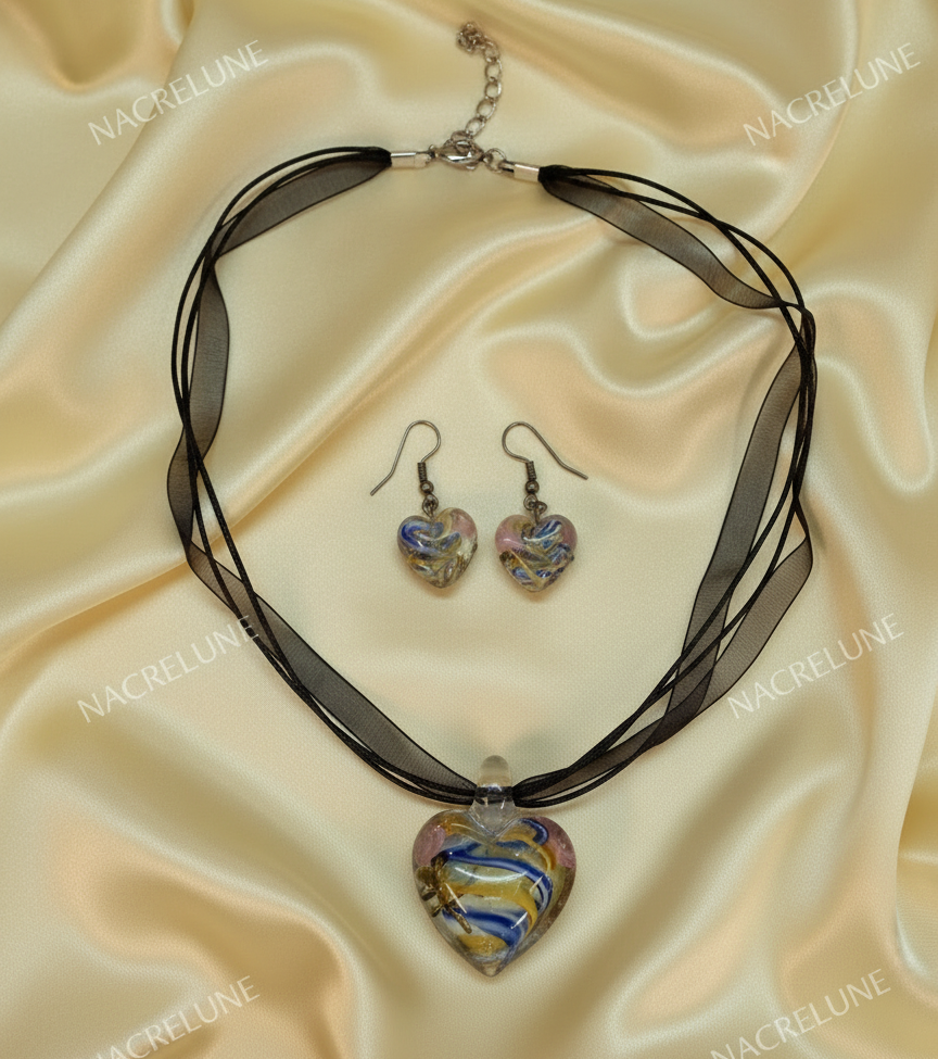 Parure coeurs en verre décoré : choisissez votre couleur NACRELUNE parure