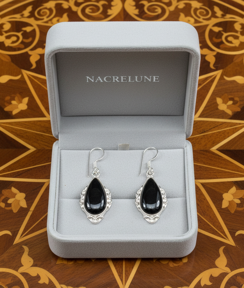 Boucles d'oreille en argent et onyx poli NACRELUNE boucles d'oreille