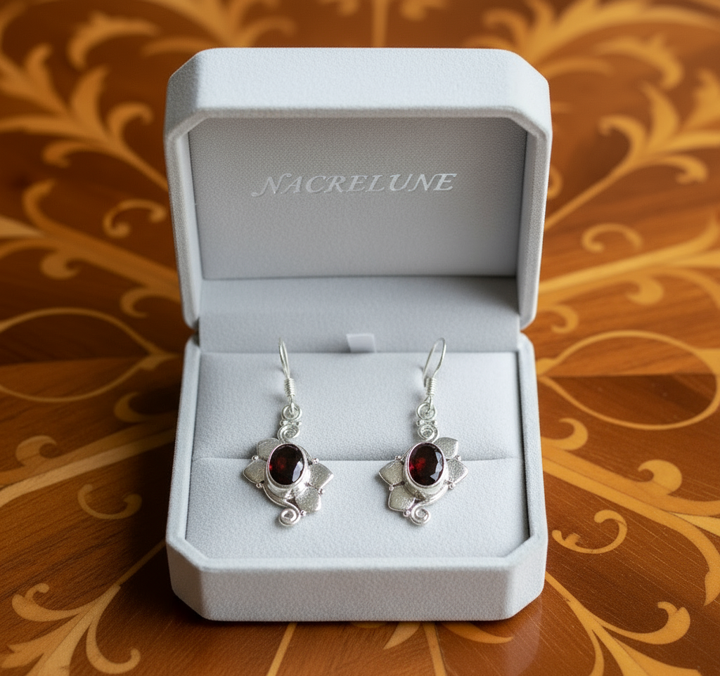 Boucles d’oreille en argent avec grenats nacrelune.com boucles d'oreille