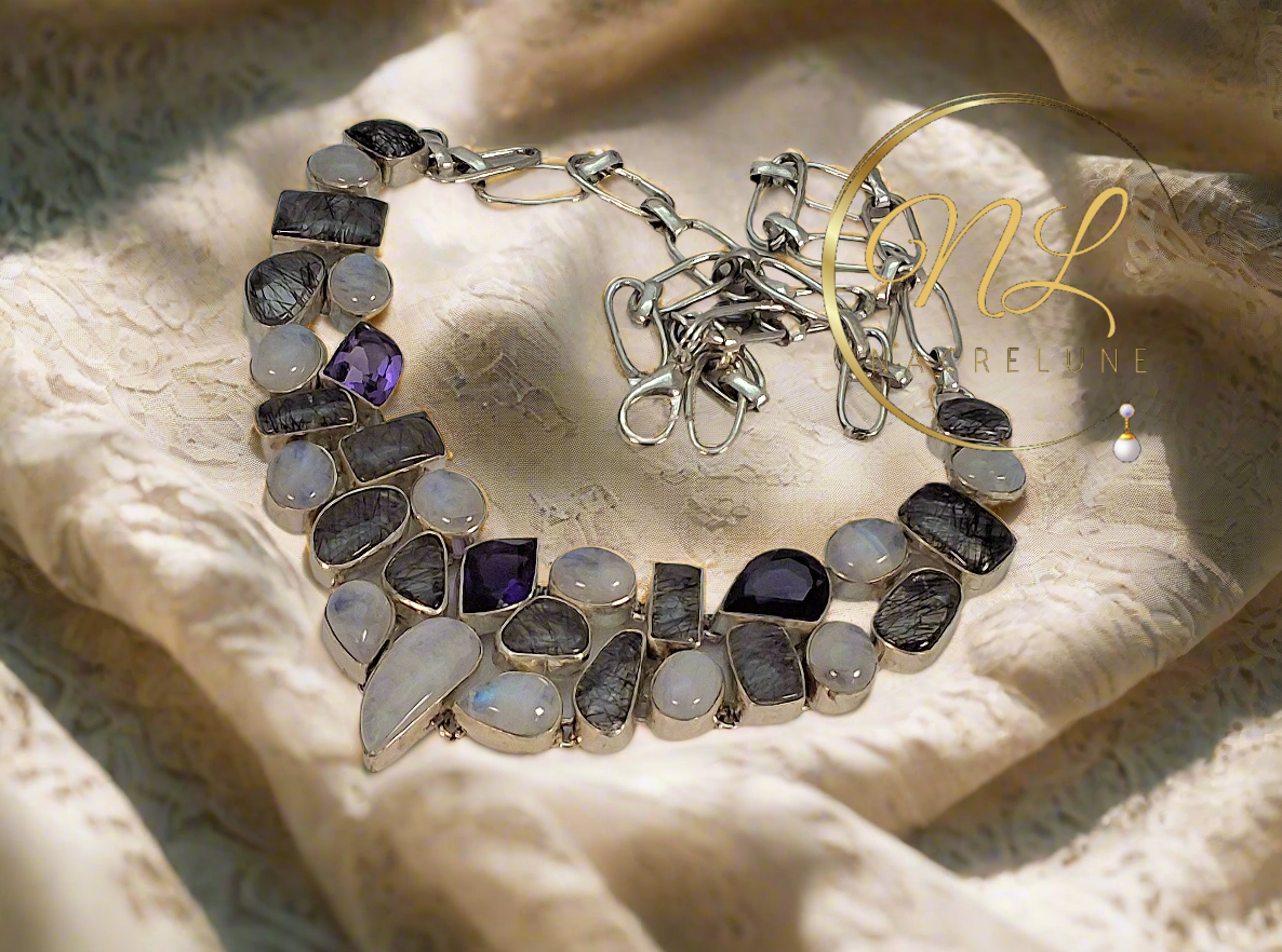 Collier en argent 925 avec pierres de lune, quartz rutiles et améthystes