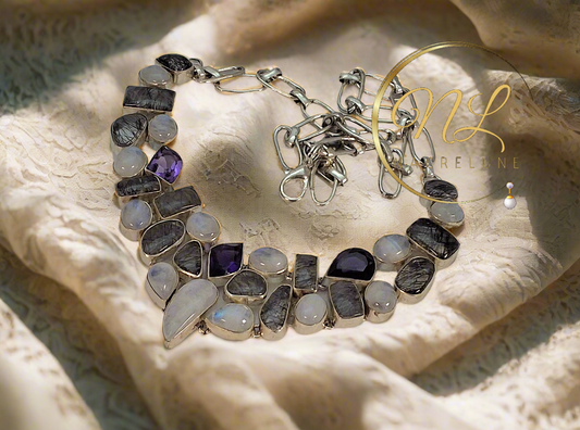 Collier en argent 925 avec pierres de lune, quartz rutiles et améthystes