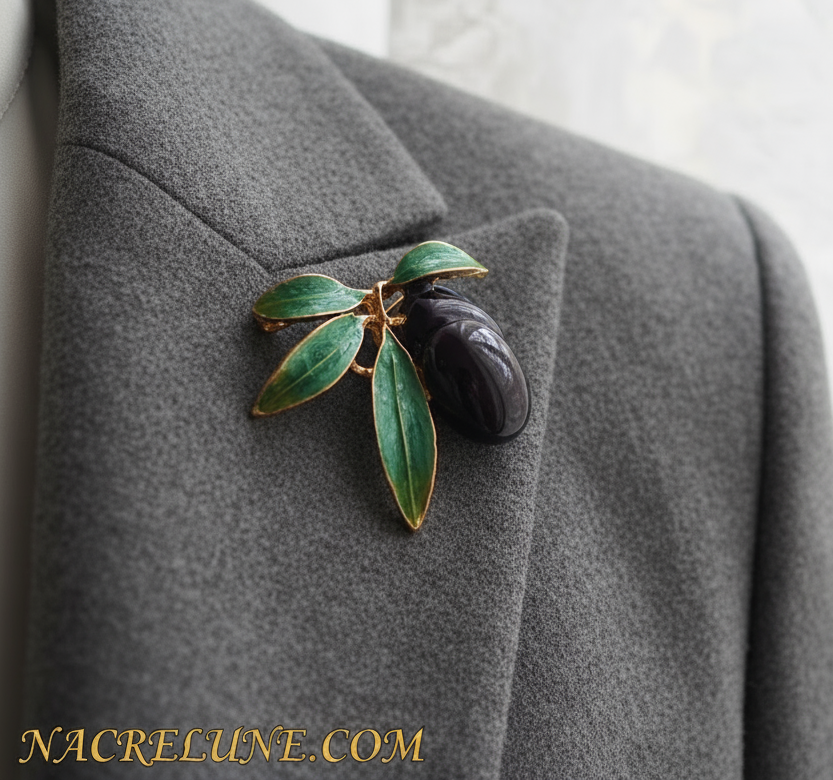 Broche en forme de petite branche d’olivier avec olives noires nacrelune.com broche