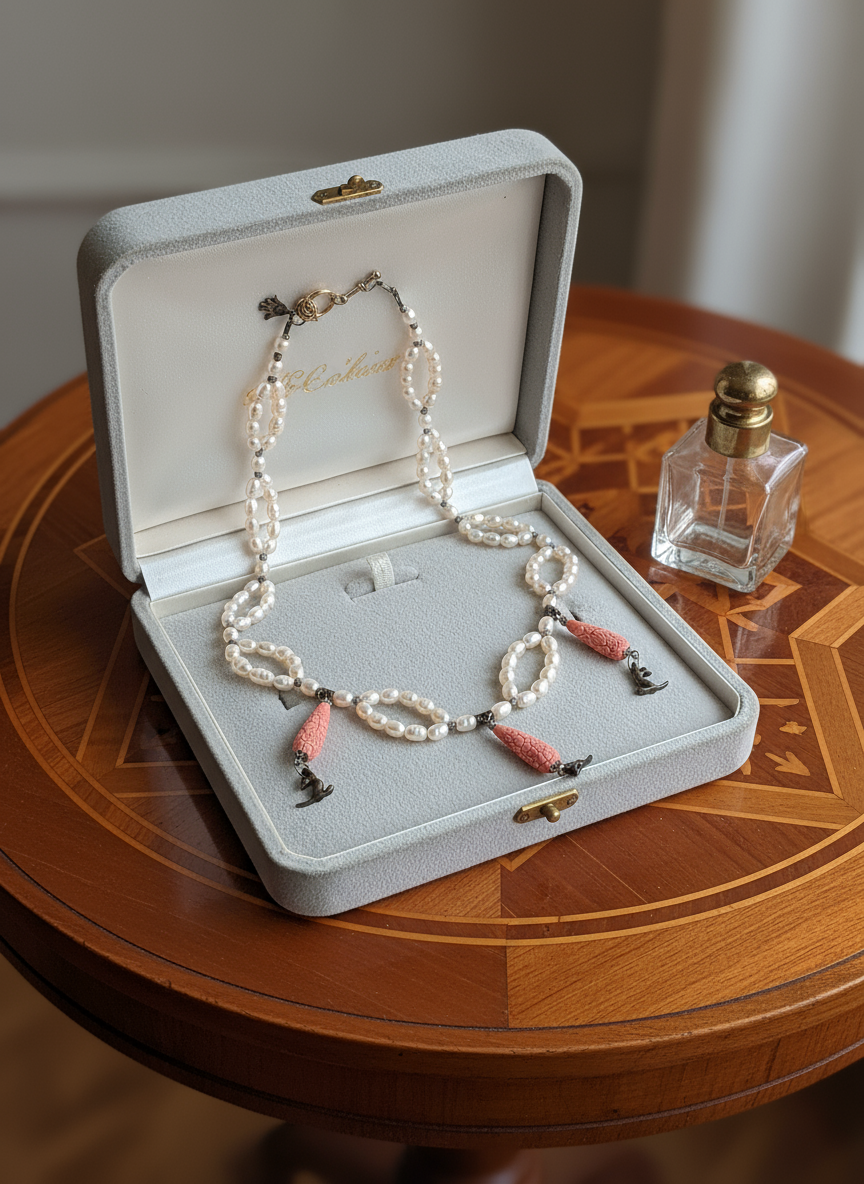 Collier en perles de culture avec éléments sculptés en imitation corail nacrelune.com collier