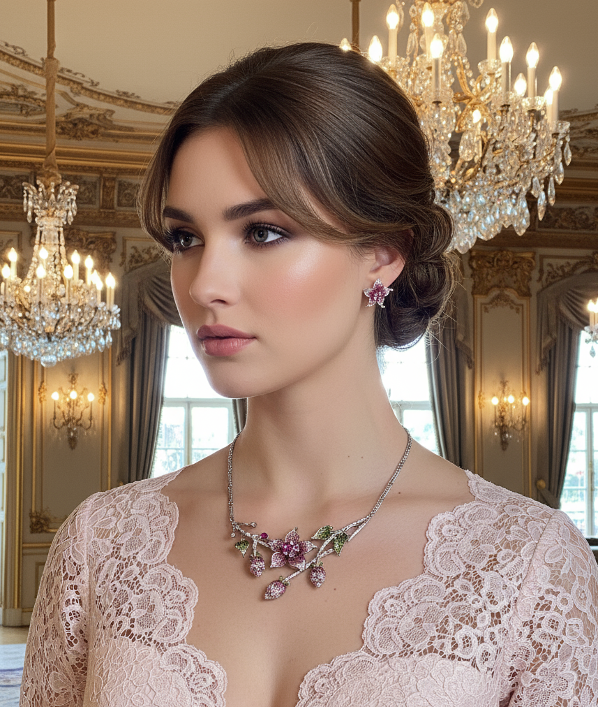 Parure en strass rose en forme de fleurs nacrelune.com parure