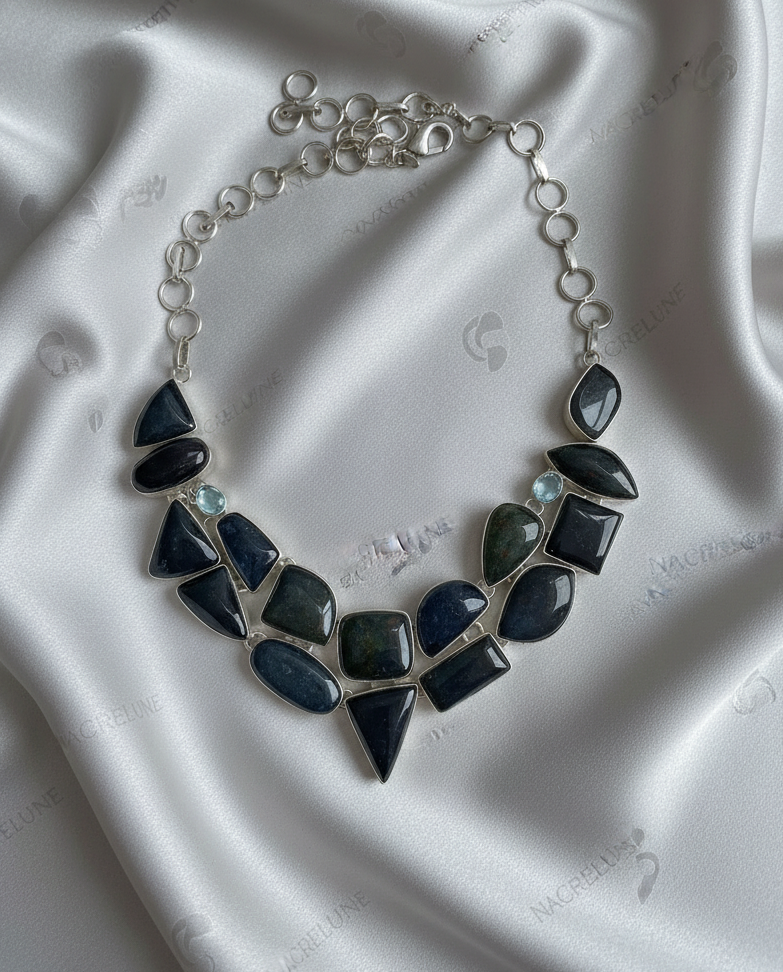 Collier en argent 925 et agates vertes indiennes nacrelune.com collier
