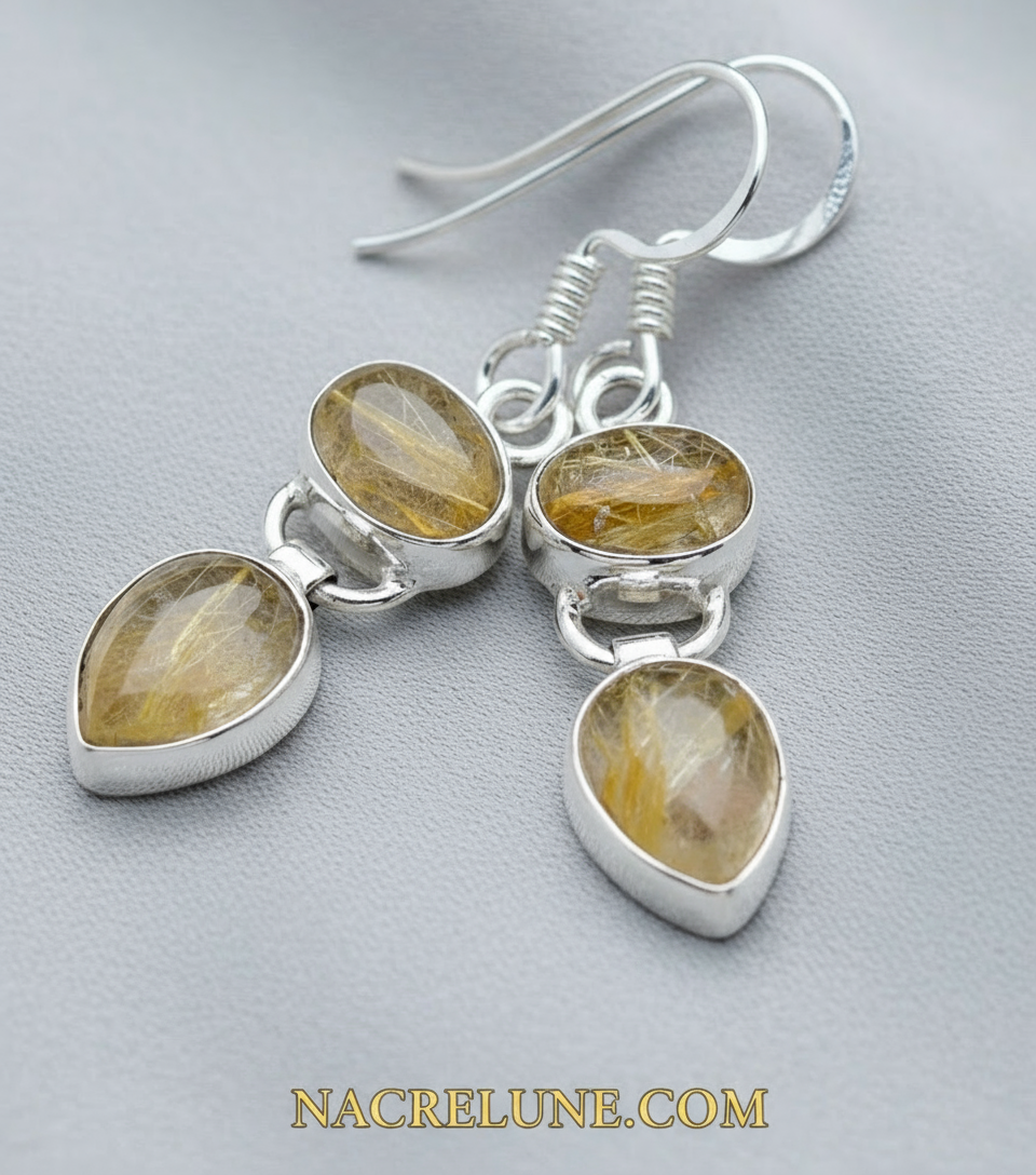 Boucles d'oreille en argent avec quartz rutiles nacrelune.com boucles d'oreille