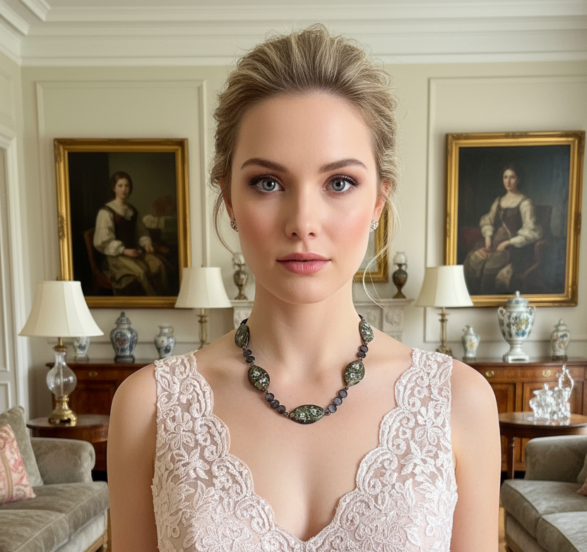 Collier en pastilles de nacre bleu et grandes perles de verre peintes à la main nacrelune.com collier