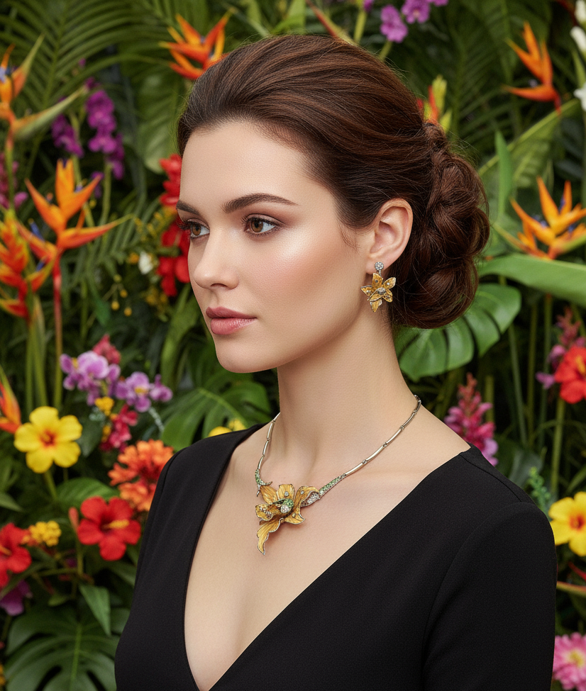 Parure en émail et strass en forme d’orchidée nacrelune.com parure