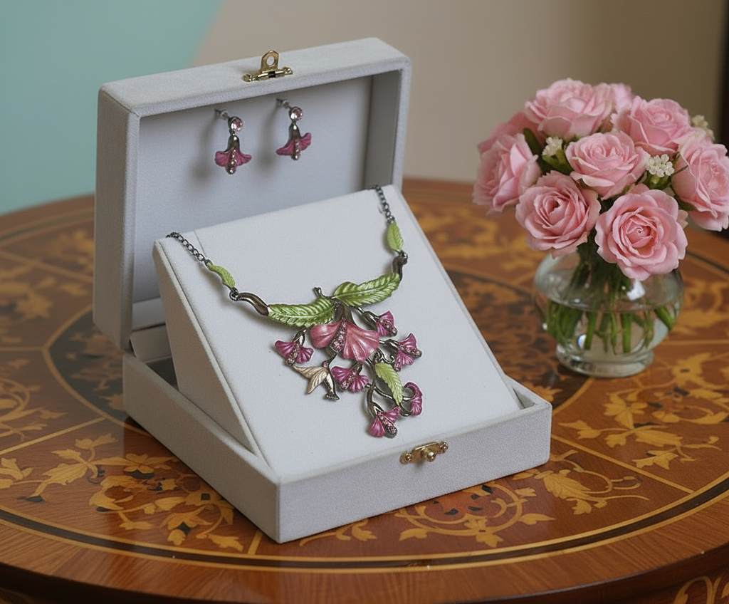Parure en émail clochettes et colibri nacrelune.com parure
