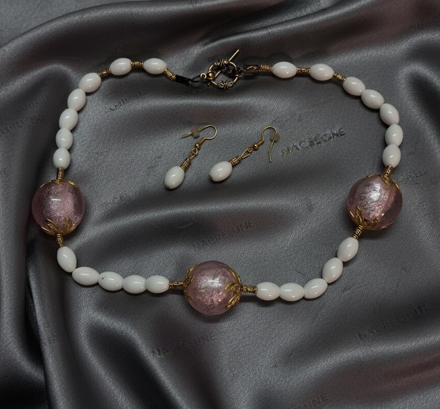 parure en boules de verre rose NACRELUNE parure