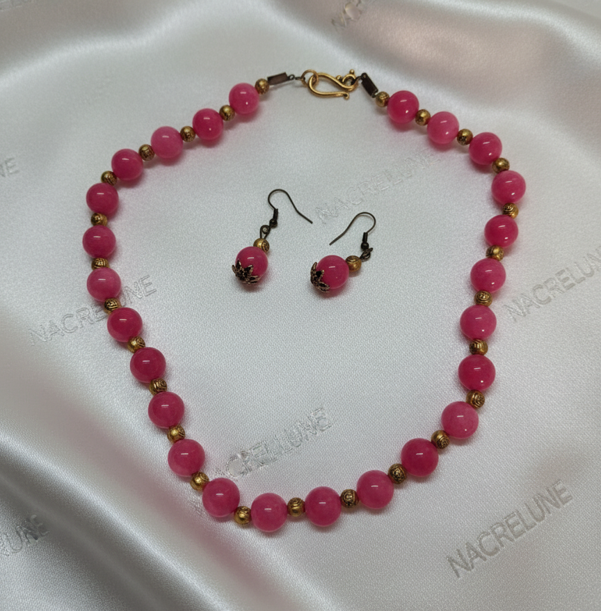 Parure en perles de quartz roses polis NACRELUNE parure