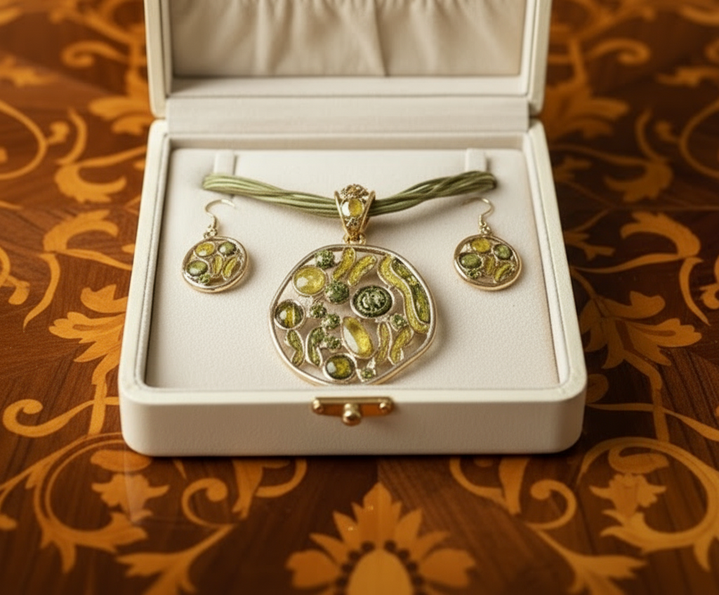 Pendentif en émail et strass avec boucles assorties vertes nacrelune.com parure
