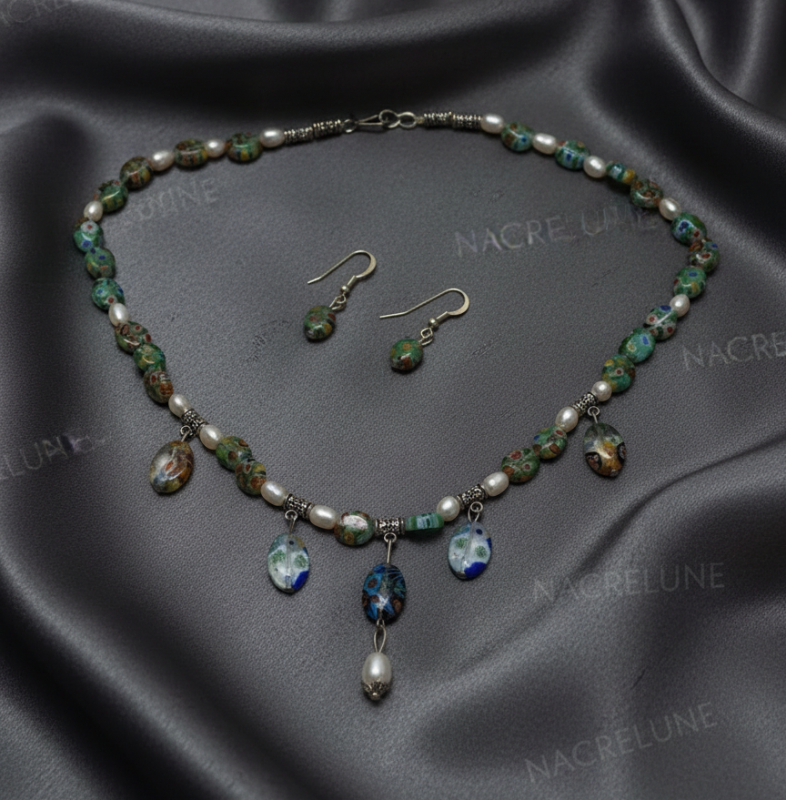 Parure en perles de verre millefiori et perles de culture nacrelune.com parure