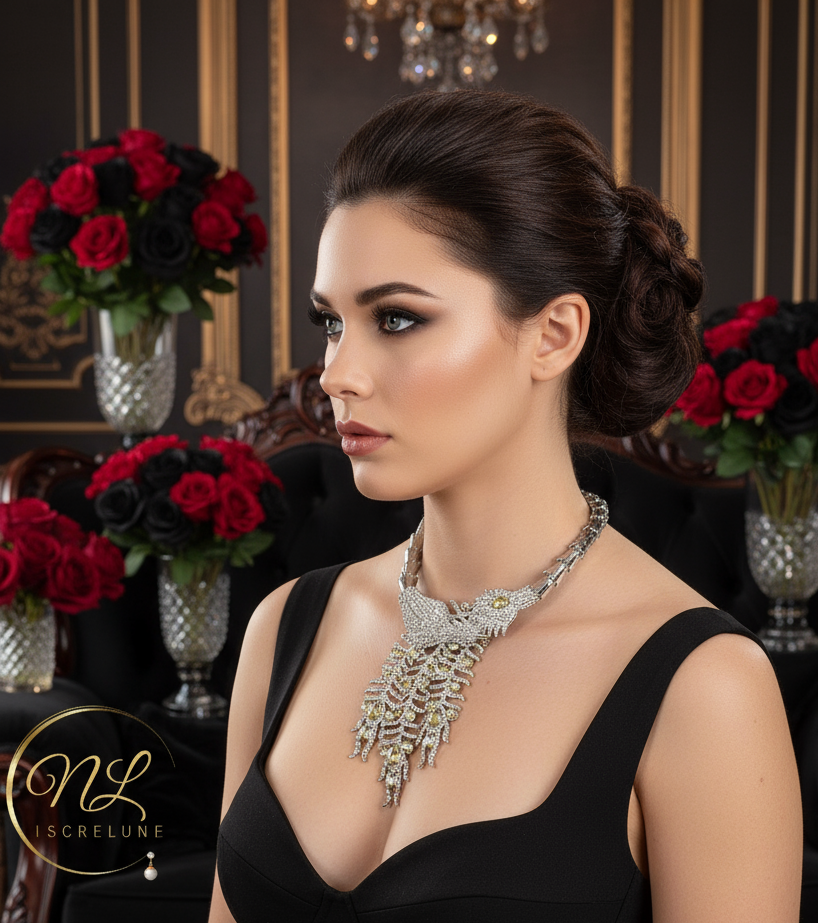 Collier strass couleur aurore boréale représentant un paon monté sur métal argenté NACRELUNE collier