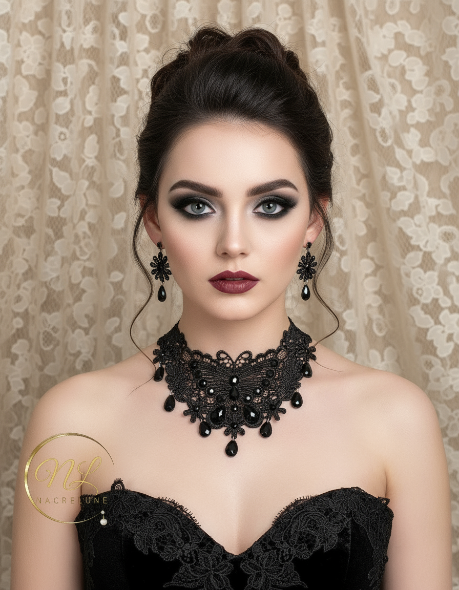 Parure fantaisie en dentelle noire nacrelune.com parure