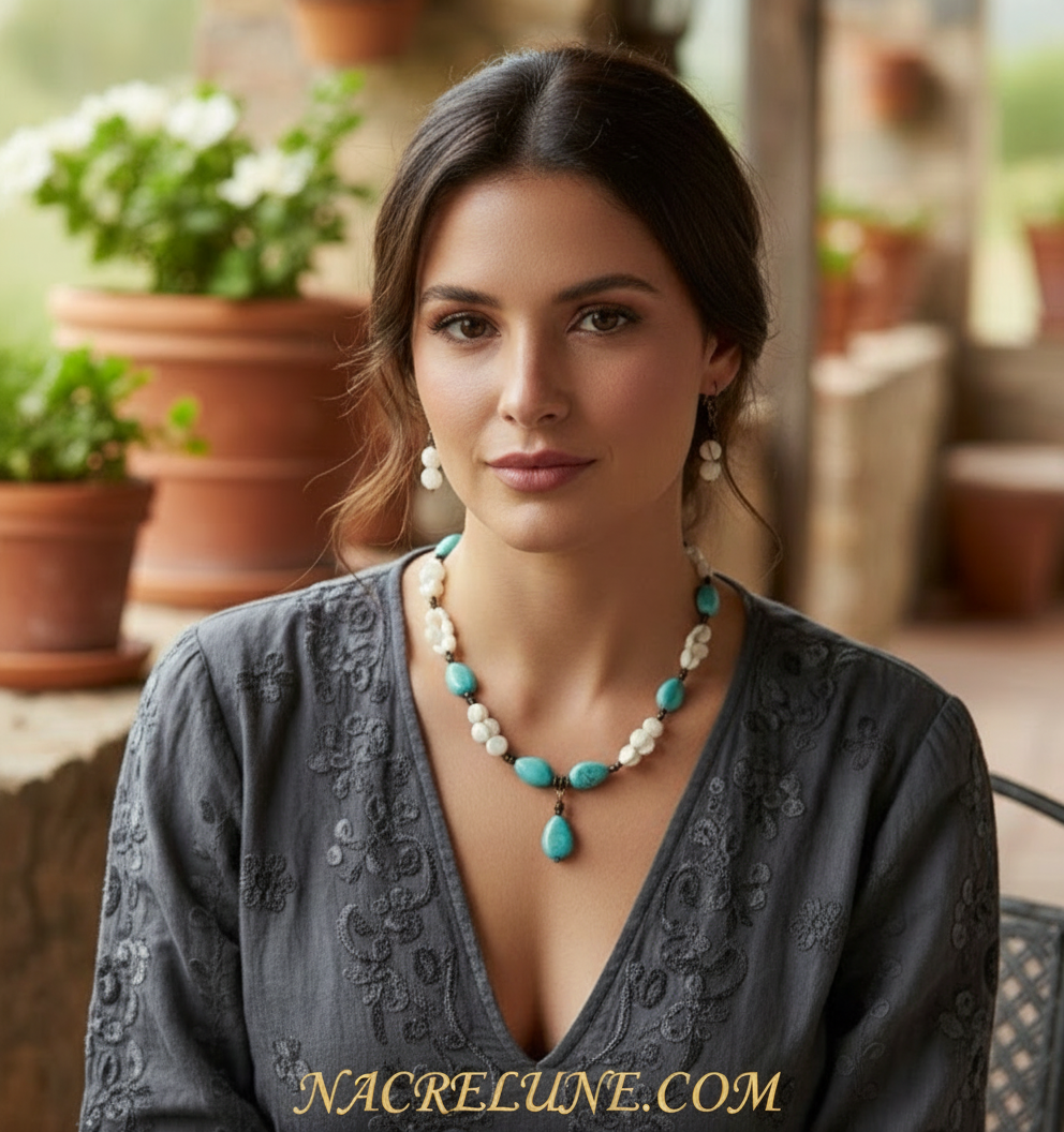 parure en perles pastilles de nacre et perles en turquoise nacrelune.com parure