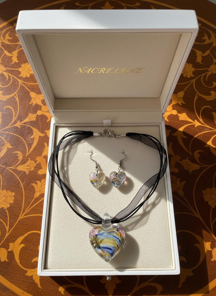 Parure coeurs en verre décoré : choisissez votre couleur nacrelune.com parure