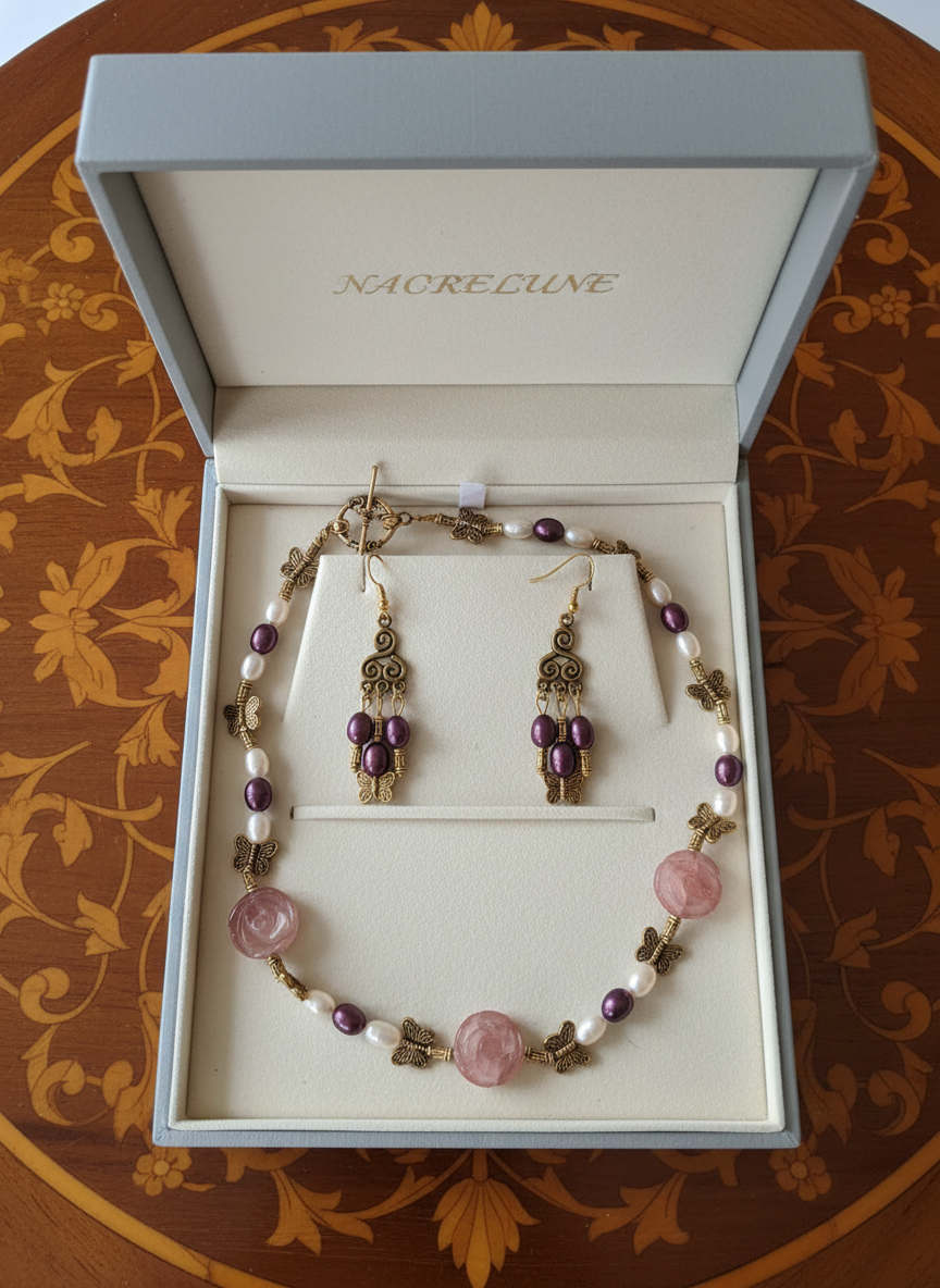 Parure fleurs quartz rouges et perles de culture bicolores nacrelune.com parure