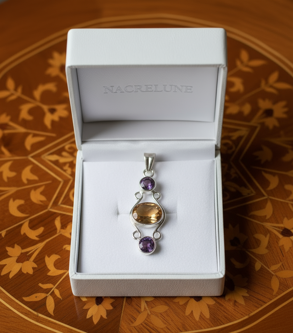 Pendentif argent 925 citrine et améthystes taillées - Élégance et brillance NACRELUNE collier