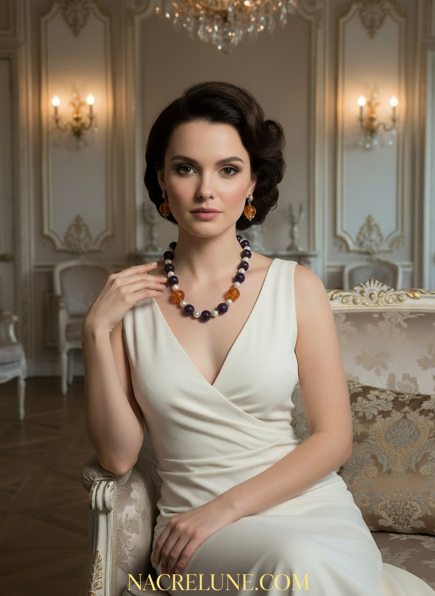 Parure en perles d'améthyste véritable , perles de nacre et ambre pressé