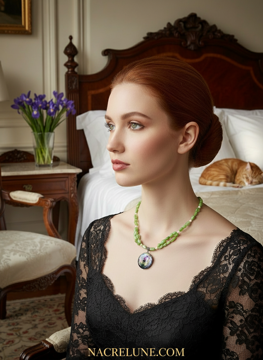 Collier en perles de nacre avec grande perle en nacre peinte nacrelune.com collier