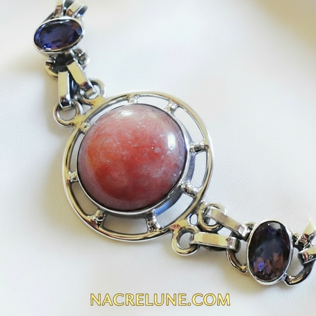 Bracelet en argent avec rhodocrosites et améthystes nacrelune.com bracelet