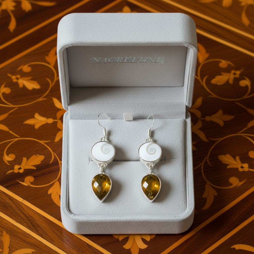 Boucles d'oreille en argent avec oeil de shiva et topaze mystique vert-jaune NACRELUNE boucles d'oreille