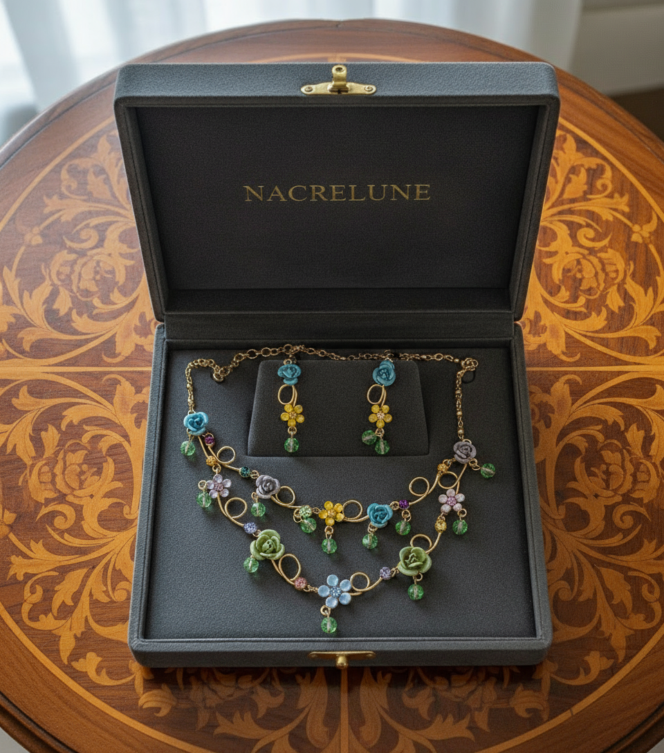 Parure en strass colorés avec petites roses nacrelune.com parure