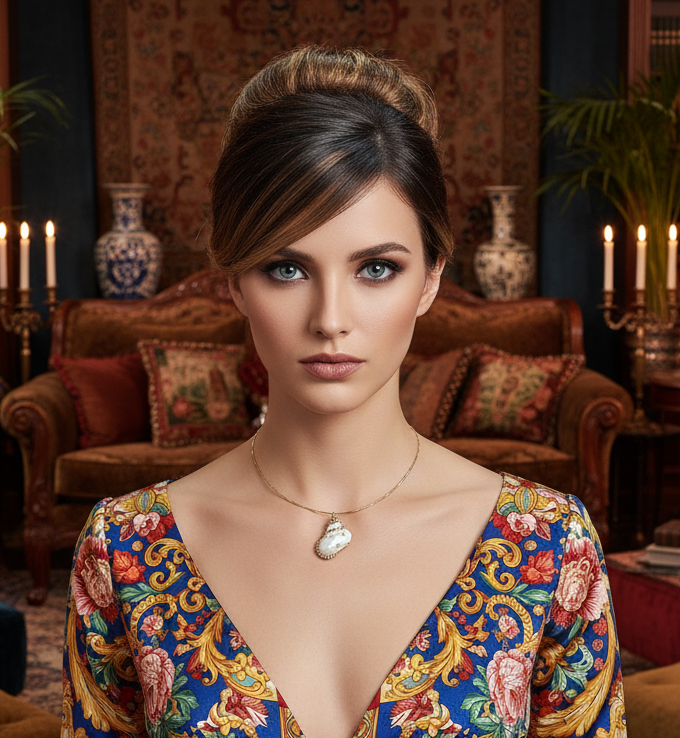 Pendentif en nacre incrusté de strass avec tour du cou semi rigide assorti NACRELUNE pendentif