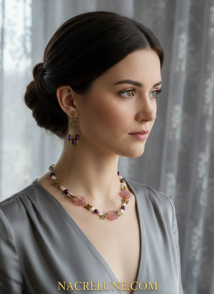 Parure fleurs quartz rouges et perles de culture bicolores NACRELUNE parure